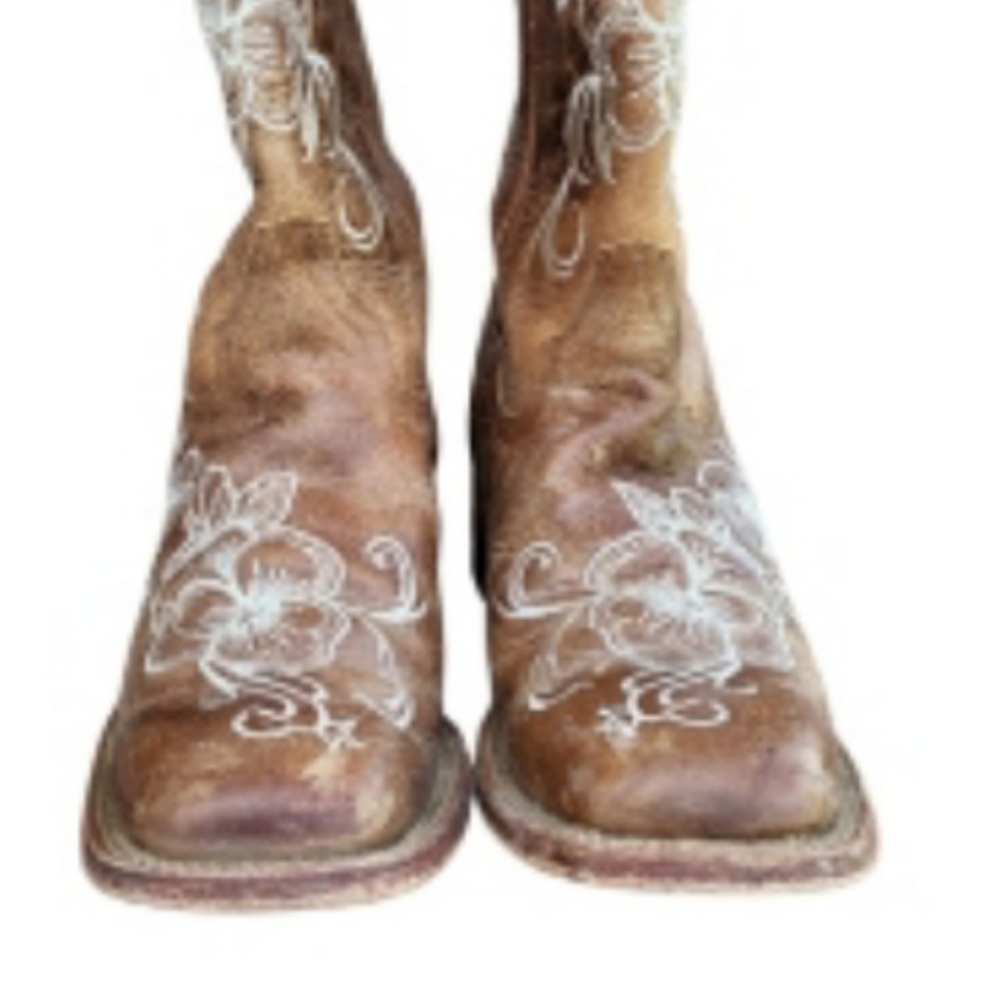 Shyanne Lasy Floral Embroider Broad Square Toe Leather Cowboy Boot Brow Women 10 - Picture 7 of 16